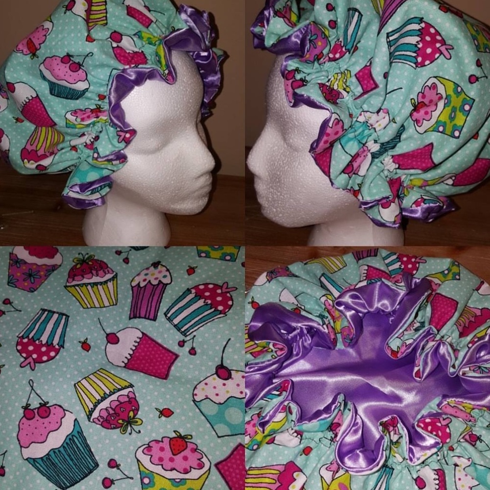 Cup Cake , Satin Lined Hair Bonnet (Hand Crafted - New) Fits Toddler to 10 years